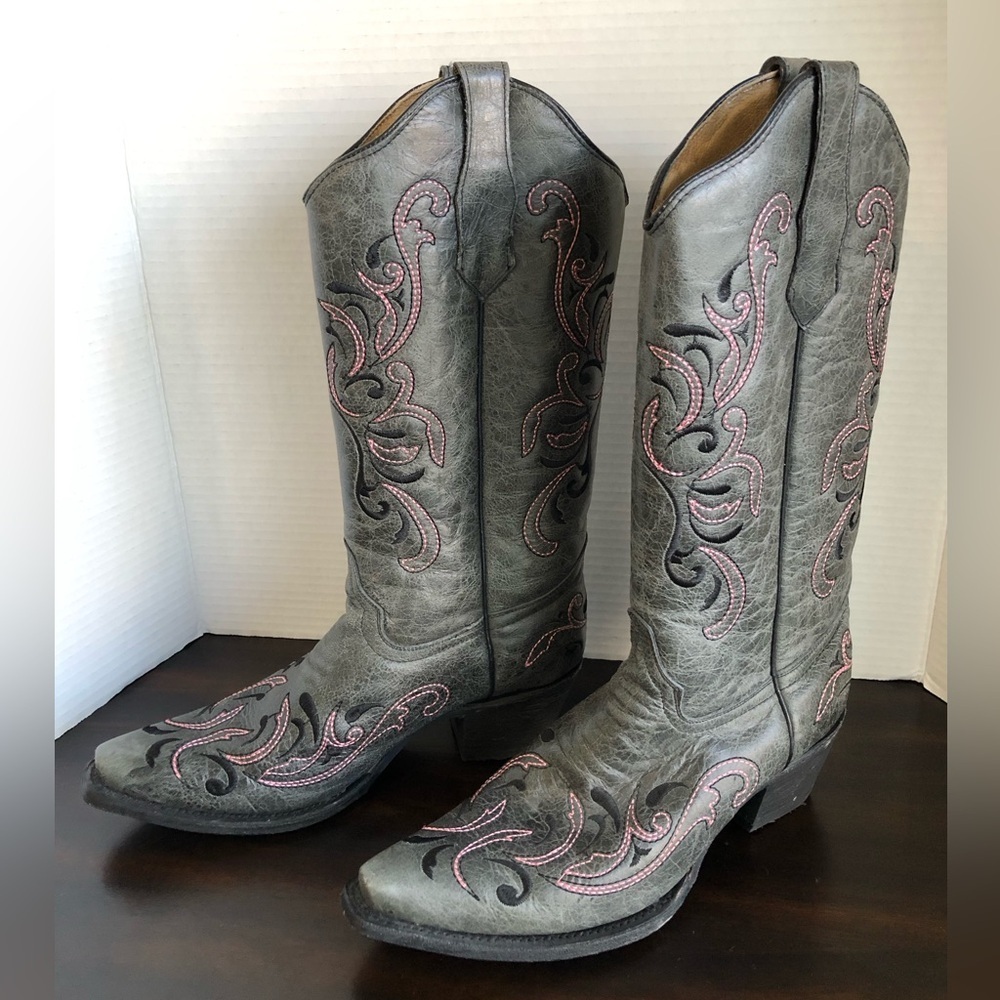 Circle G By Corral Women's Grey / Black / Pink Embroidery Boots Size 9 - Picture 3 of 9